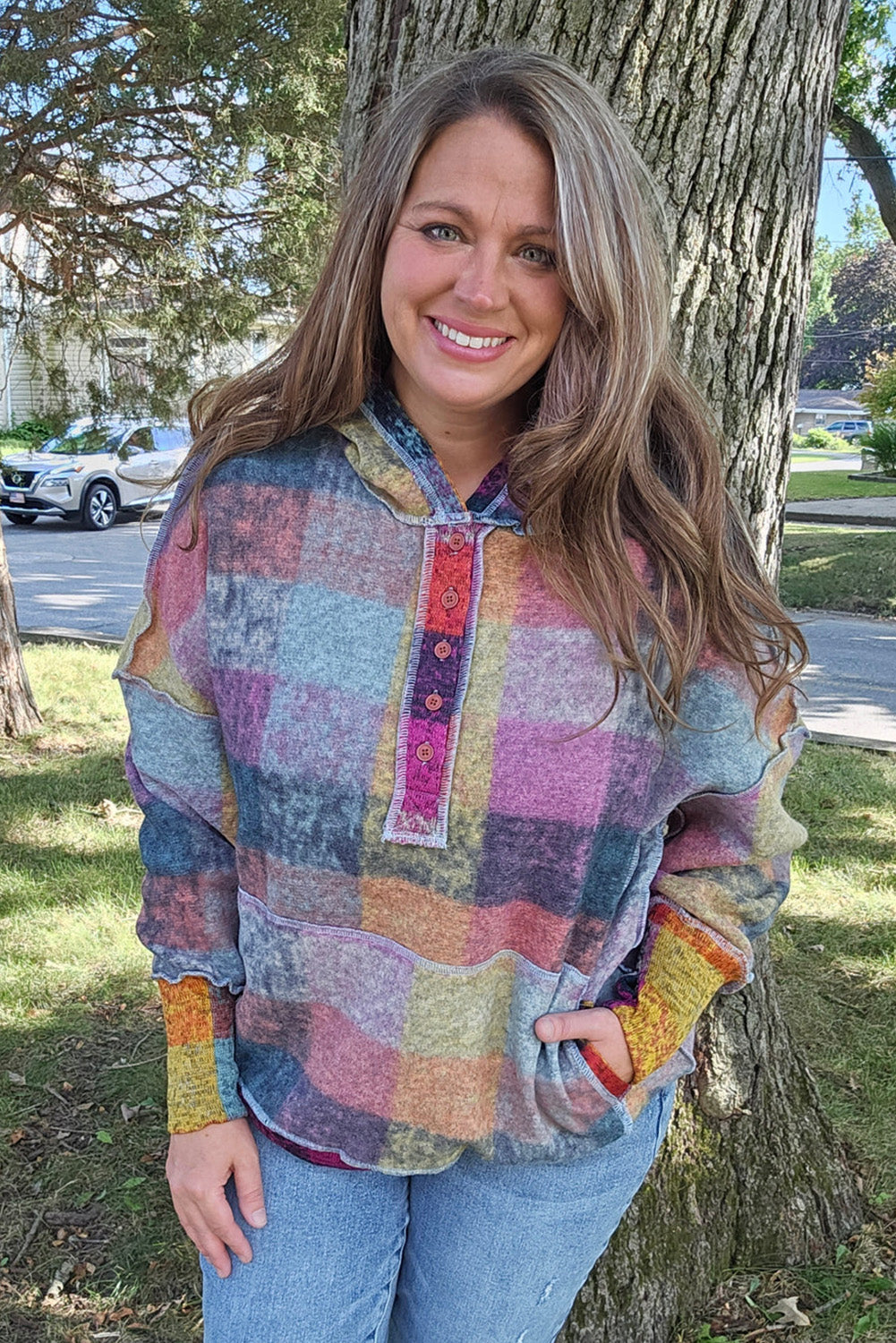 Multicolor Exposed Seam Detail Plus Size Brushed Henley Hoodie Plus Size JT's Designer Fashion