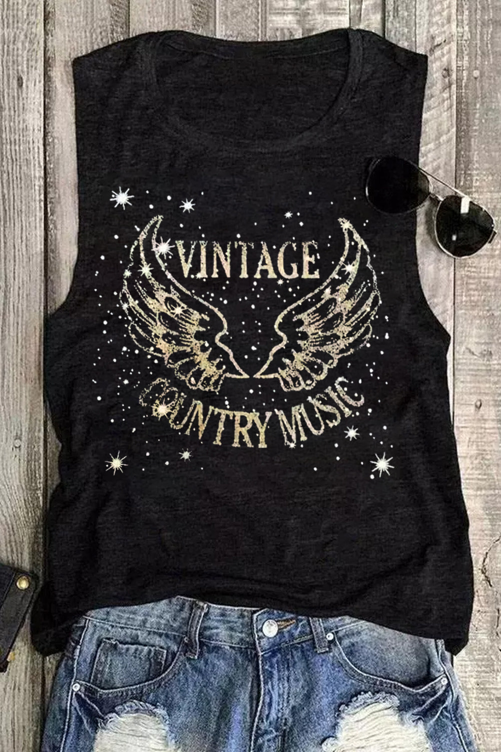 Black Vintage Country Music Wing Glitter Print Tank Top Tank Tops JT's Designer Fashion