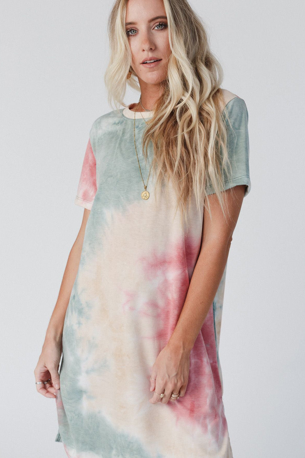 Multicolor Tie Dye Oversized Slit Tee Dress T Shirt Dresses JT's Designer Fashion