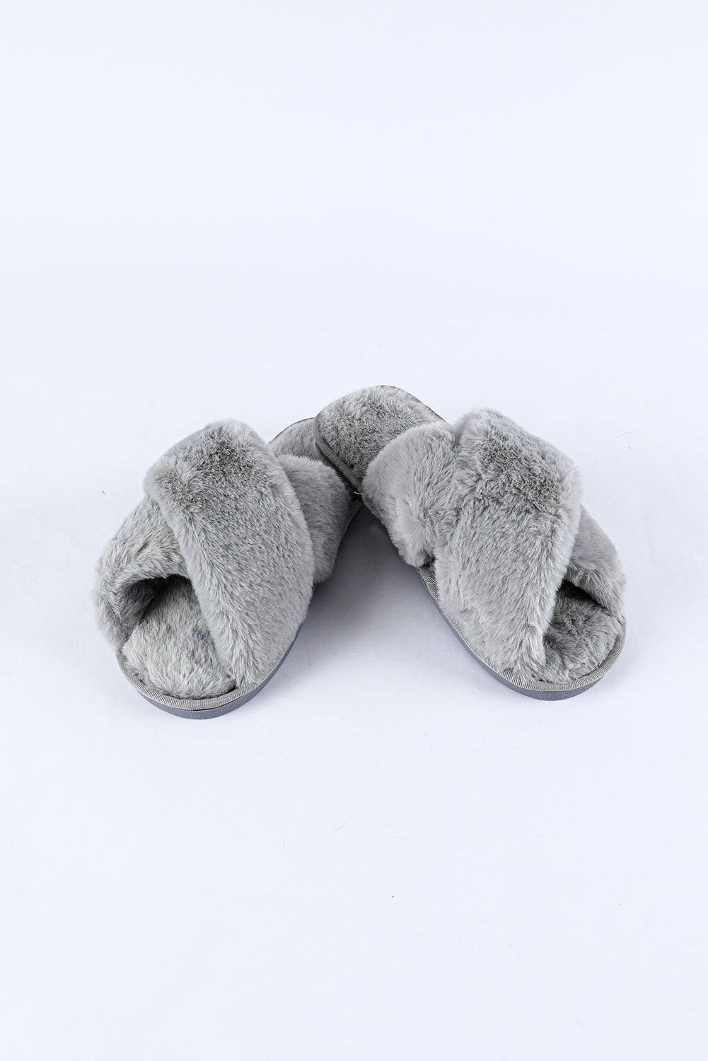 Gray Crossed Straps Winter Furry Slippers Slippers JT's Designer Fashion