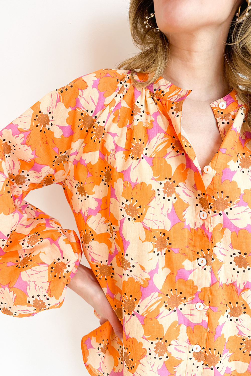 Orange Floral Print Loose Sleeve Shirt Tops & Tees JT's Designer Fashion