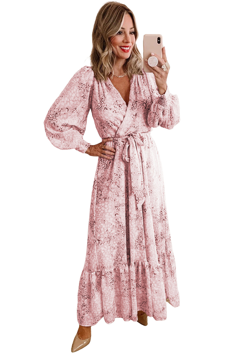 Pink Printed Surplice Neck Bubble Sleeve Maxi Dress with Sash Dresses JT's Designer Fashion