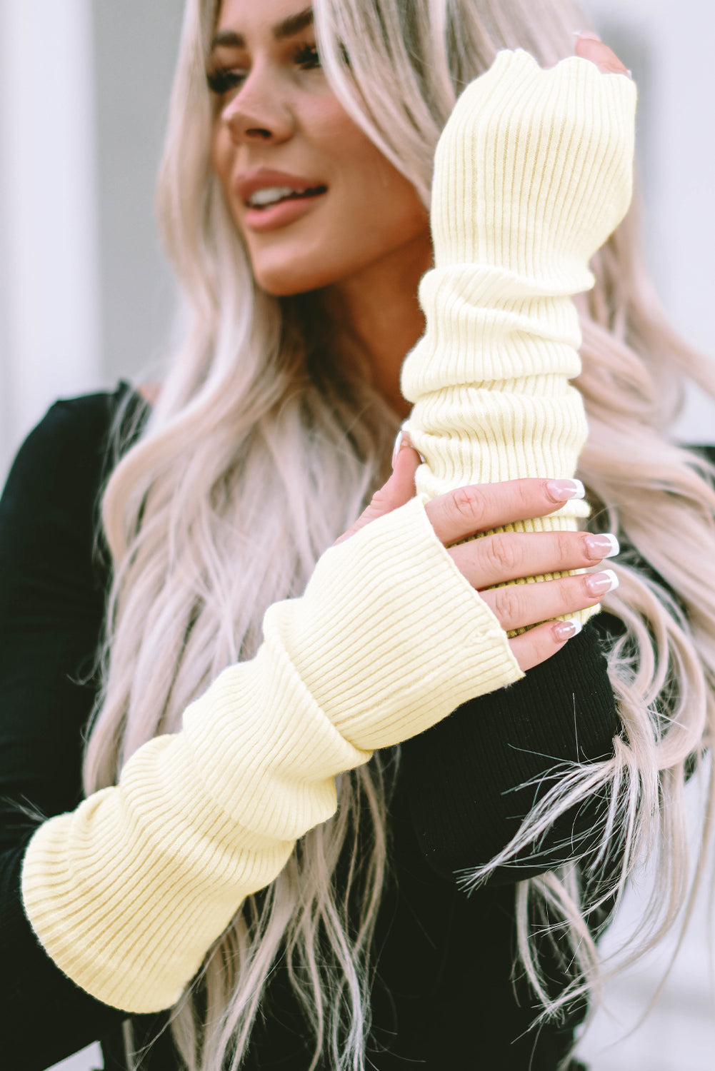 Beige Thumbhole Fingerless Long Ribbed Knit Gloves Other Accessories JT's Designer Fashion