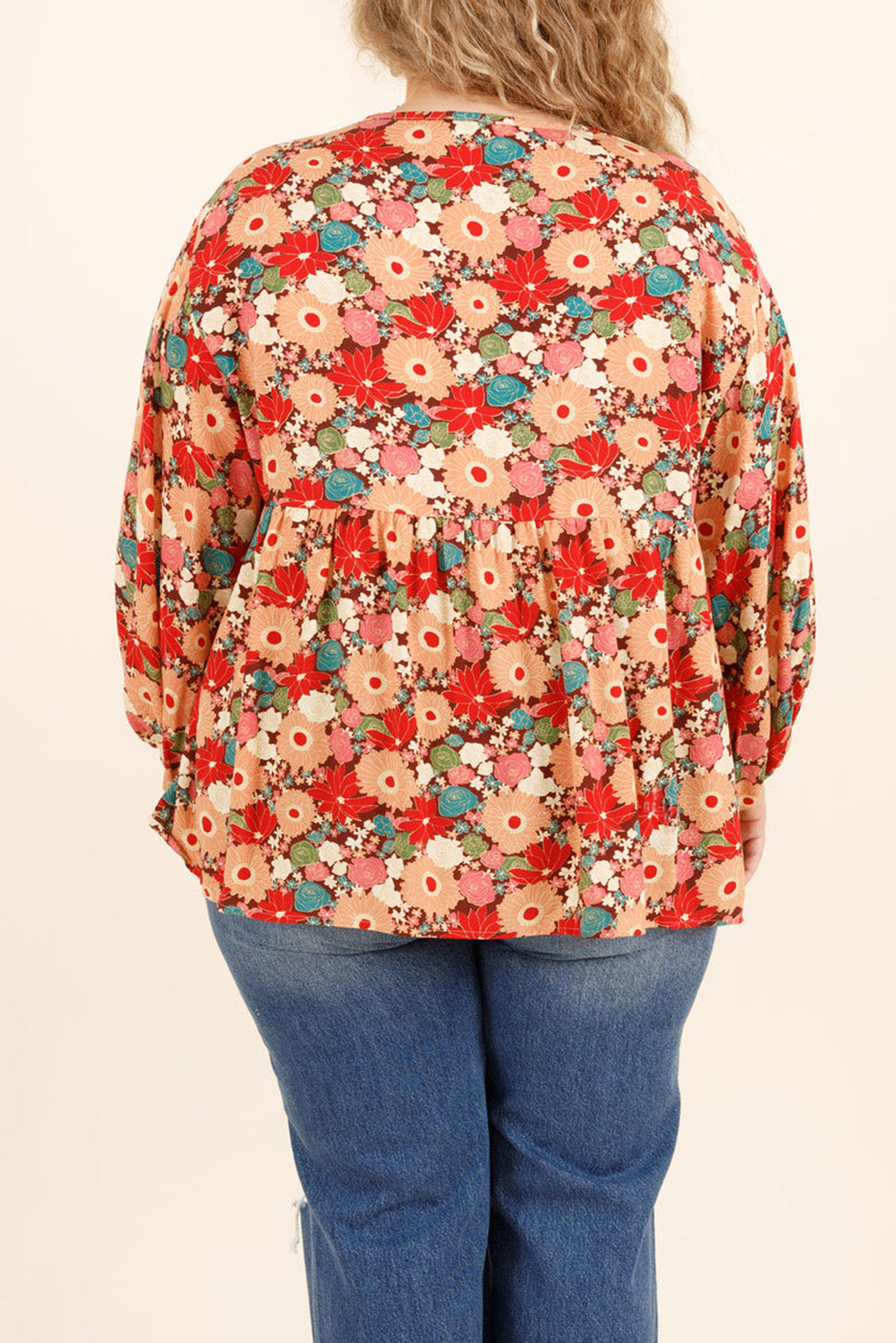 Clay Red Floral Embroidered Drawstring V Neck Plus Size Blouse Plus Size JT's Designer Fashion