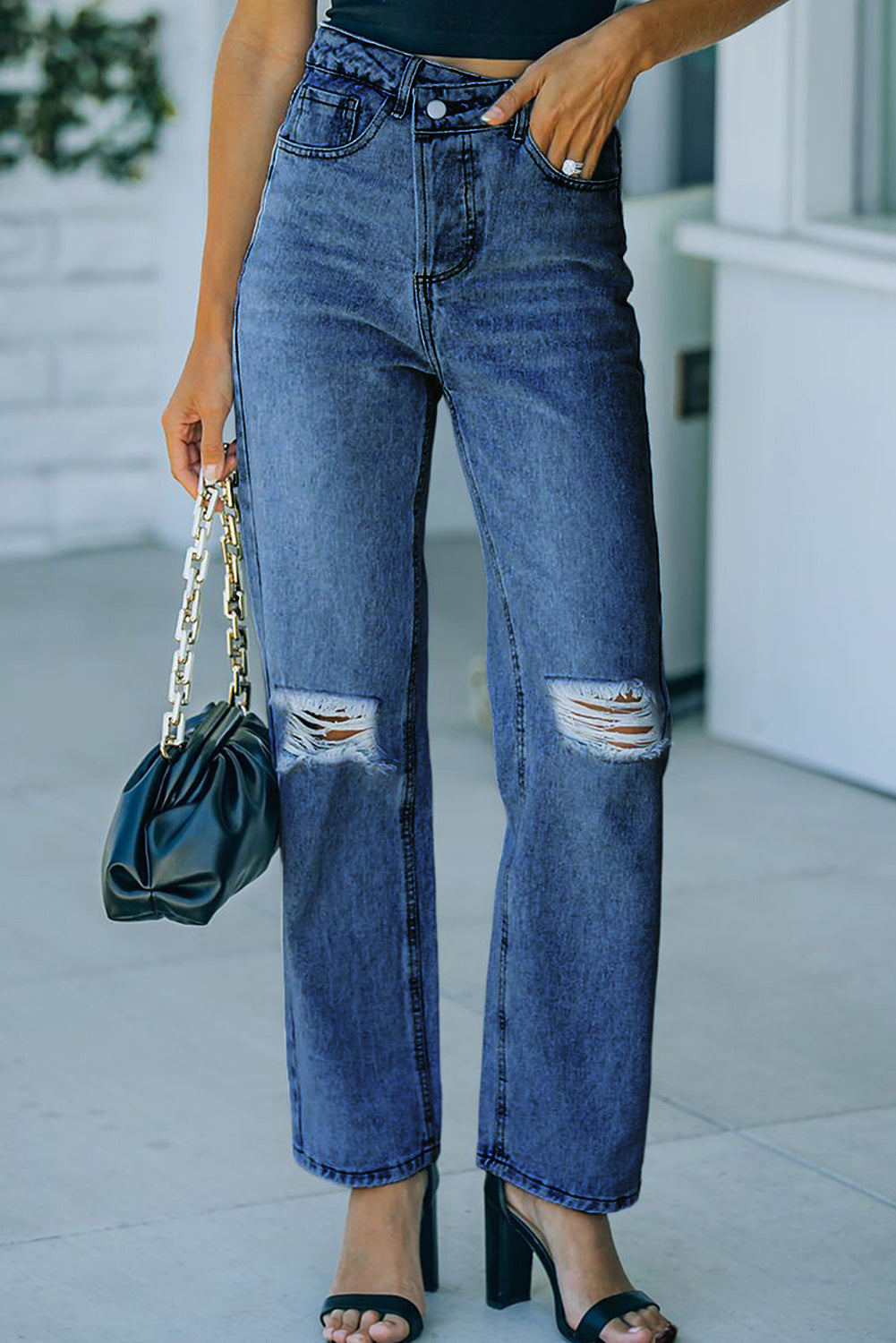 Blue High Rise Distressed Crossed Waist Jeans Blue Jeans JT's Designer Fashion