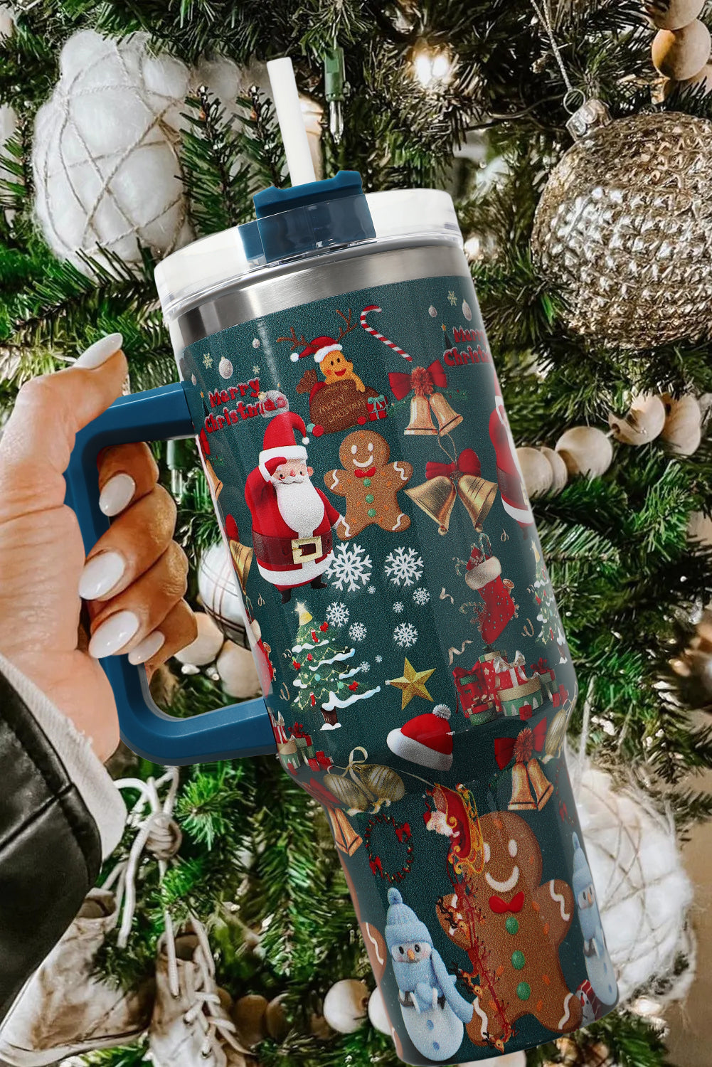 Sail Blue Christmas Pattern Print Handled Stainless Steel Tumblers Tumblers JT's Designer Fashion