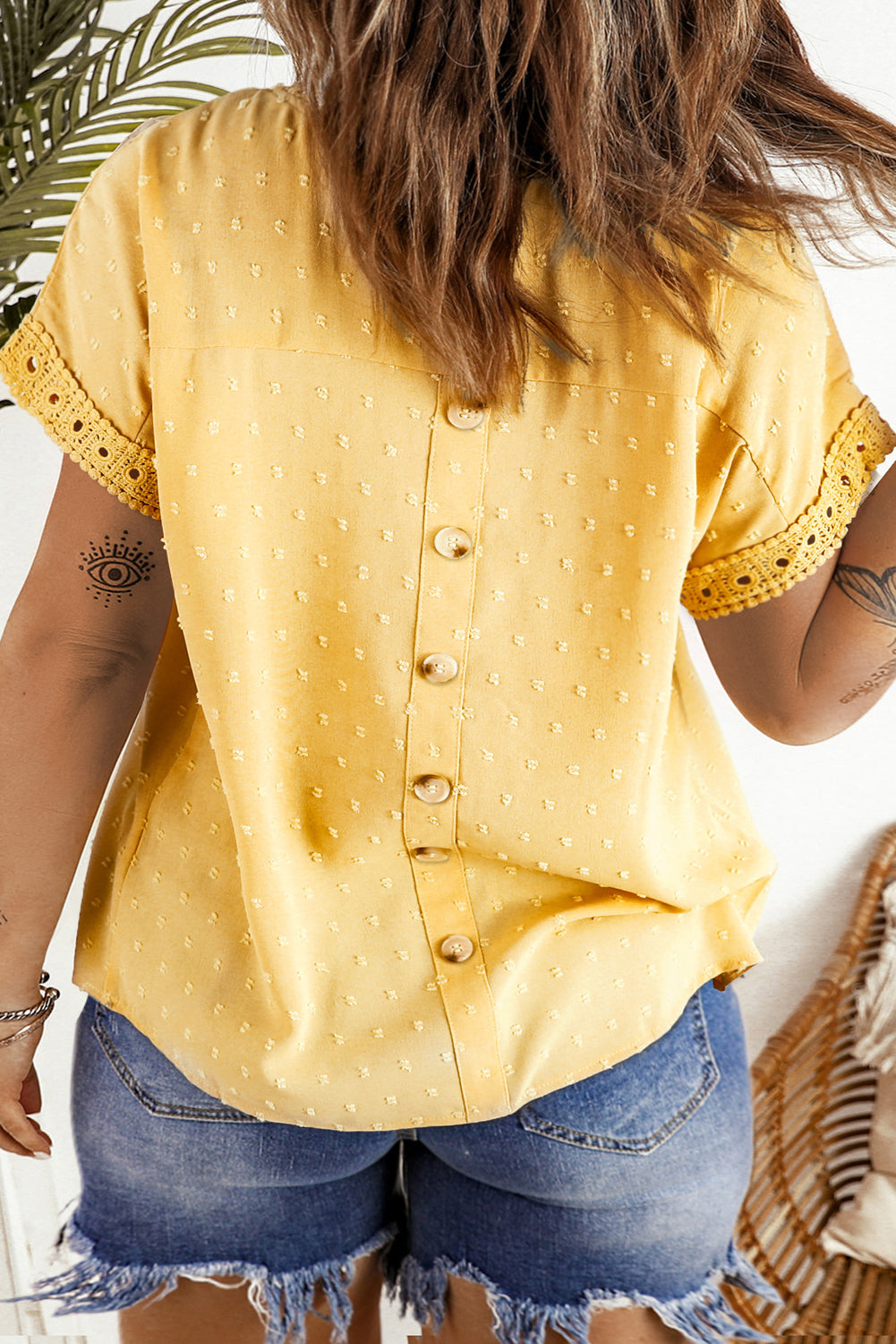 Yellow Cream Guipure Lace Trim Swiss Dot Curvy Blouse Plus Size JT's Designer Fashion