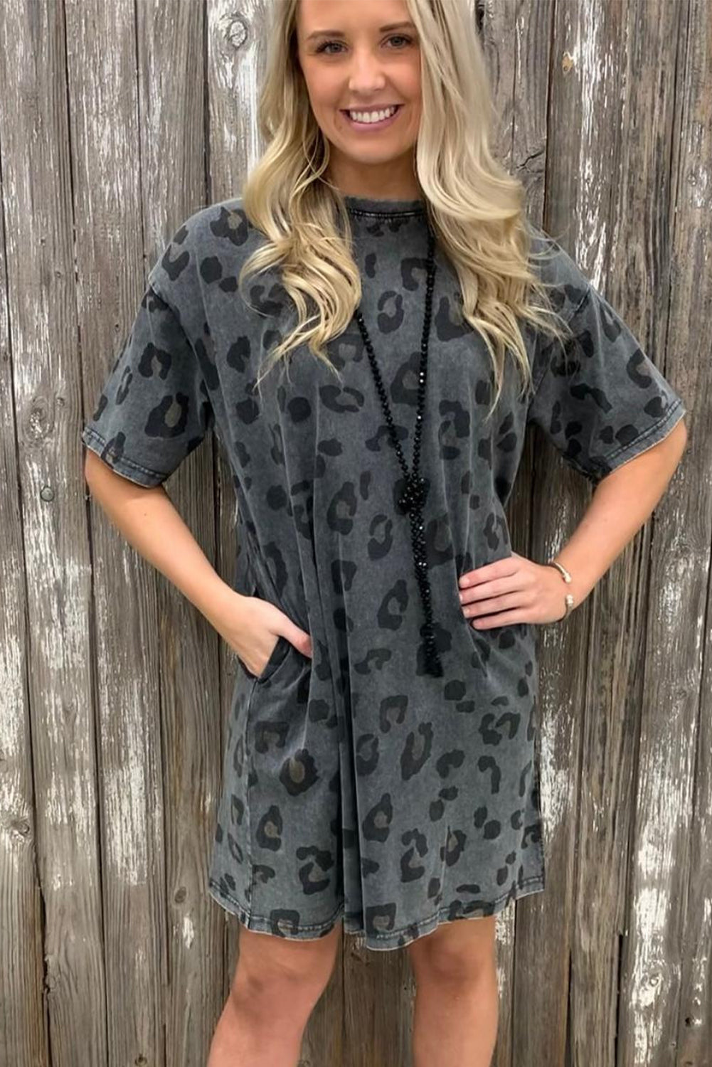 Gray Vintage Washed Leopard T-Shirt Dress with Pockets T Shirt Dresses JT's Designer Fashion