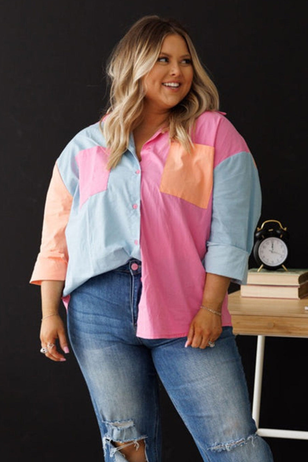 Pink Color Block Chest Pockets Plus Size Shirt Plus Size JT's Designer Fashion