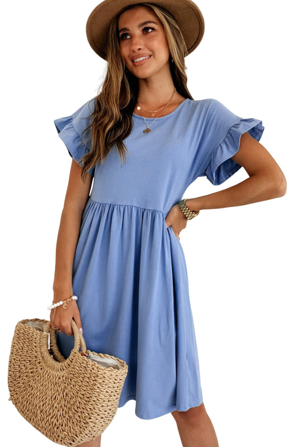 Sky Blue Round Neck Ruffle Sleeve Loose Dress Mini Dresses JT's Designer Fashion