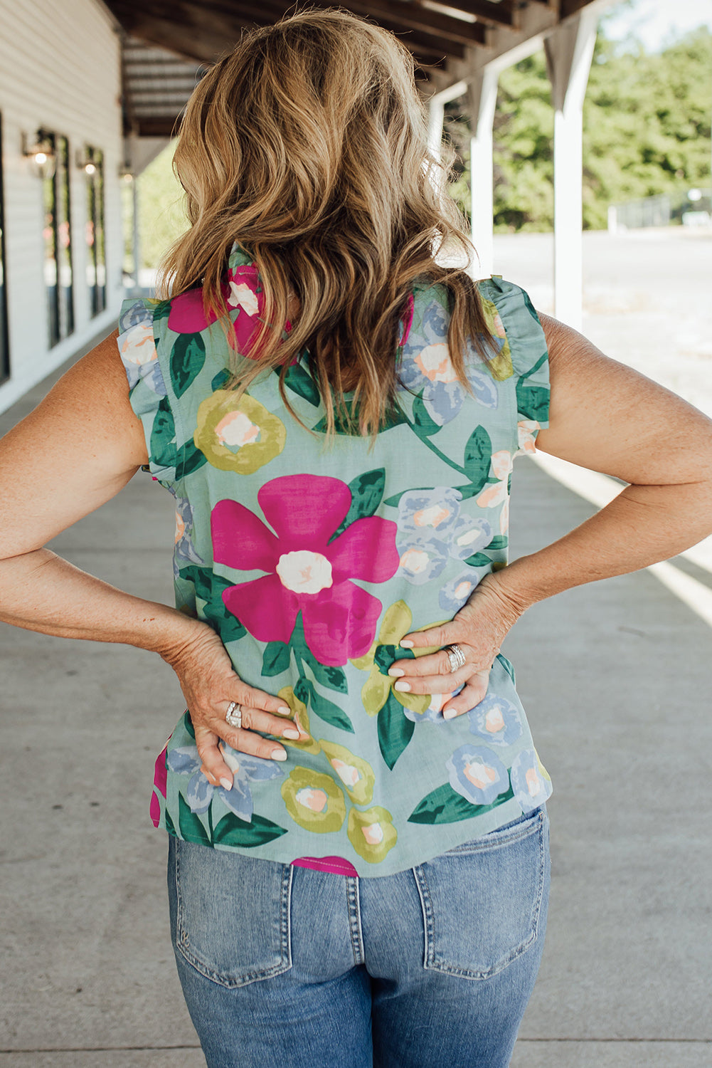 Green Floral Print Ruffle Trim Tank Top Tank Tops JT's Designer Fashion