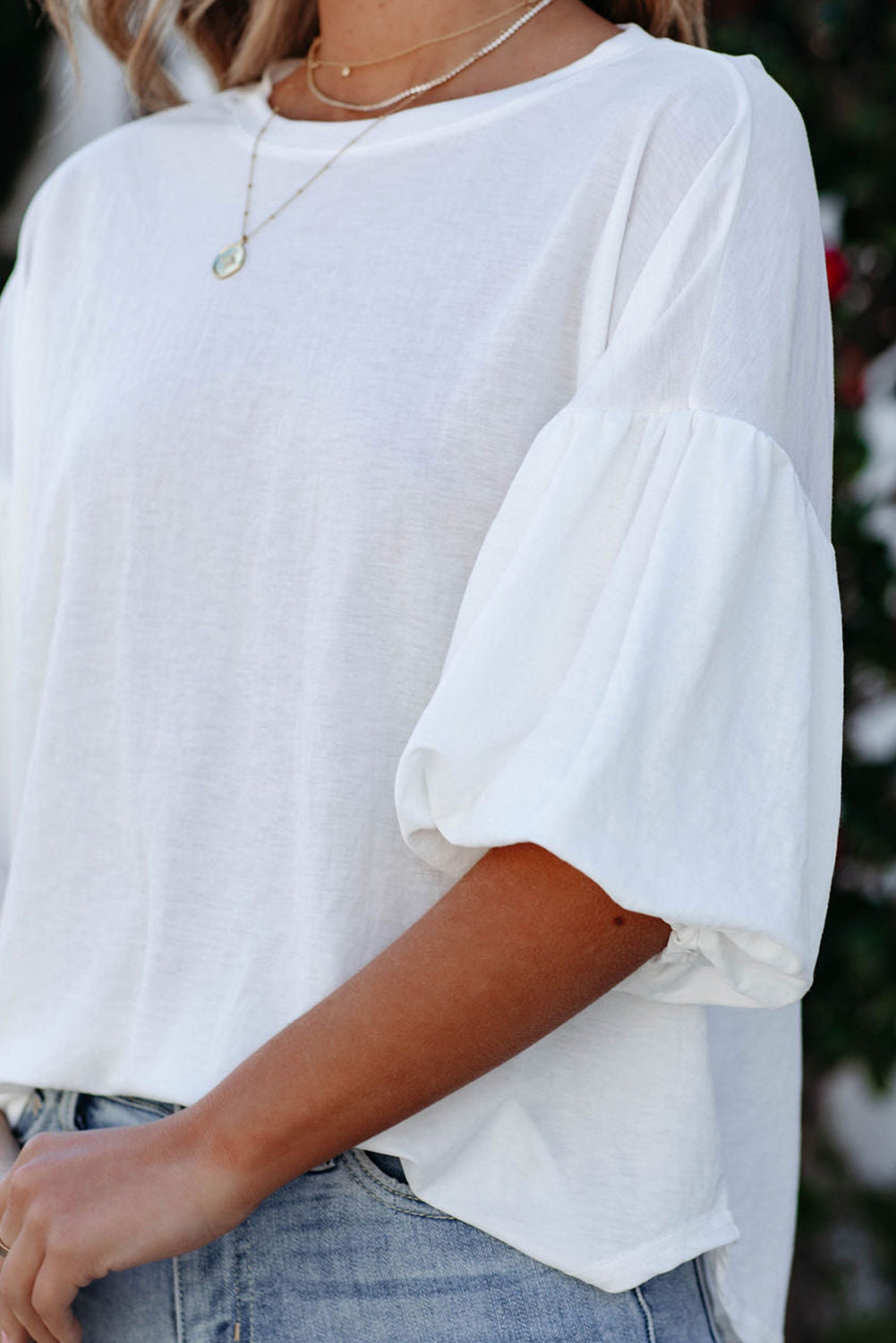 White Joint Bubble Sleeve Round Neck Blouse Blouses & Shirts JT's Designer Fashion