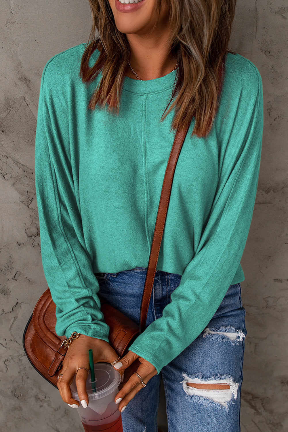 Green Solid Color Patchwork Long Sleeve Top Long Sleeve Tops JT's Designer Fashion