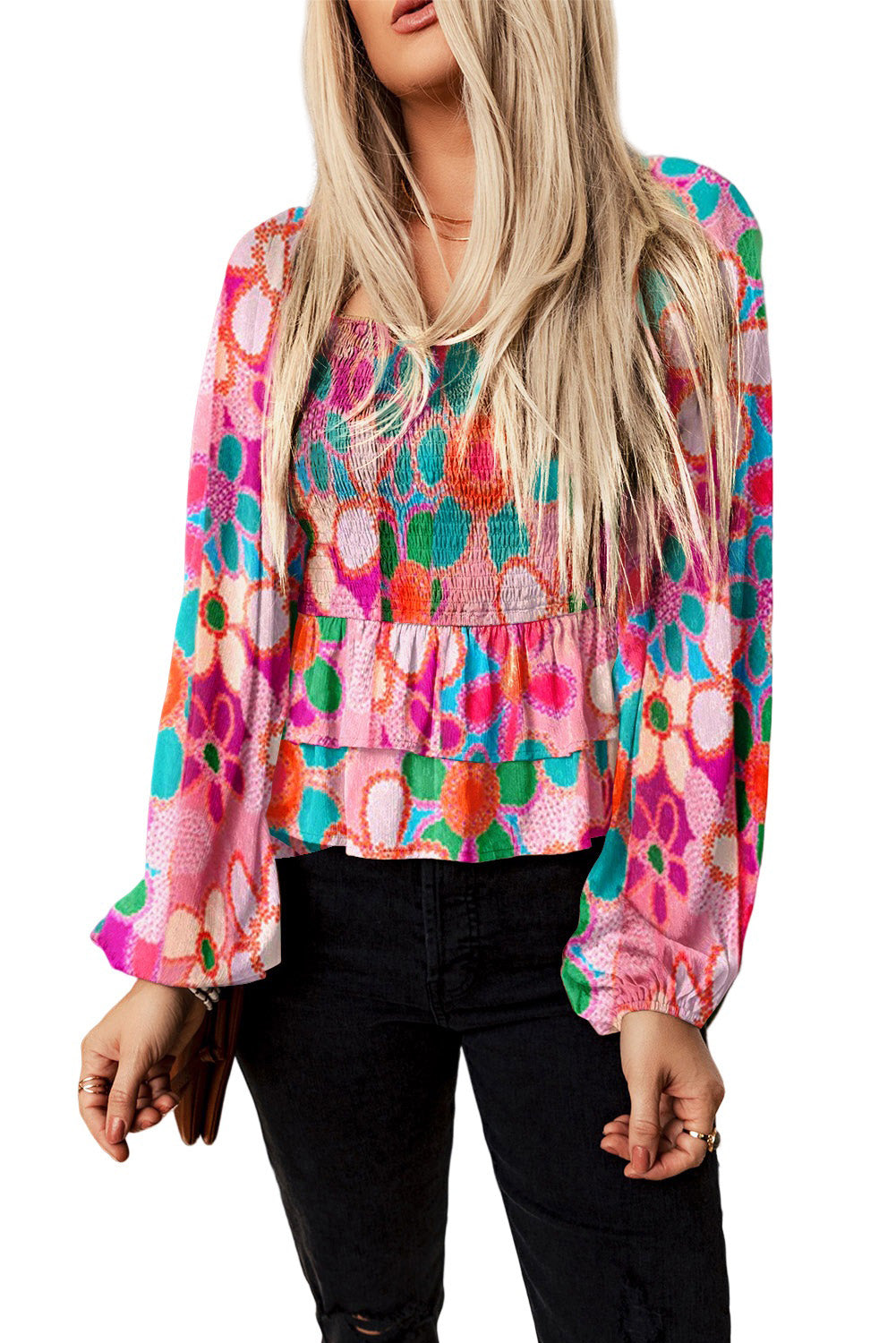 Multicolor Floral Print Smocked Square Neck Ruffles Blouse Tops & Tees JT's Designer Fashion