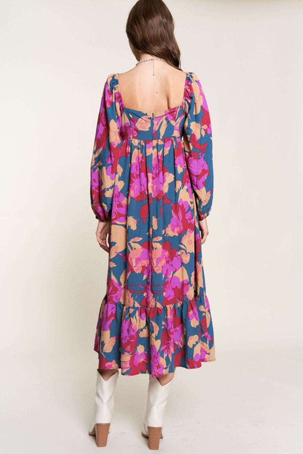 Multicolor Square Neck High Waist Ruffled Floral Dress Dresses JT's Designer Fashion
