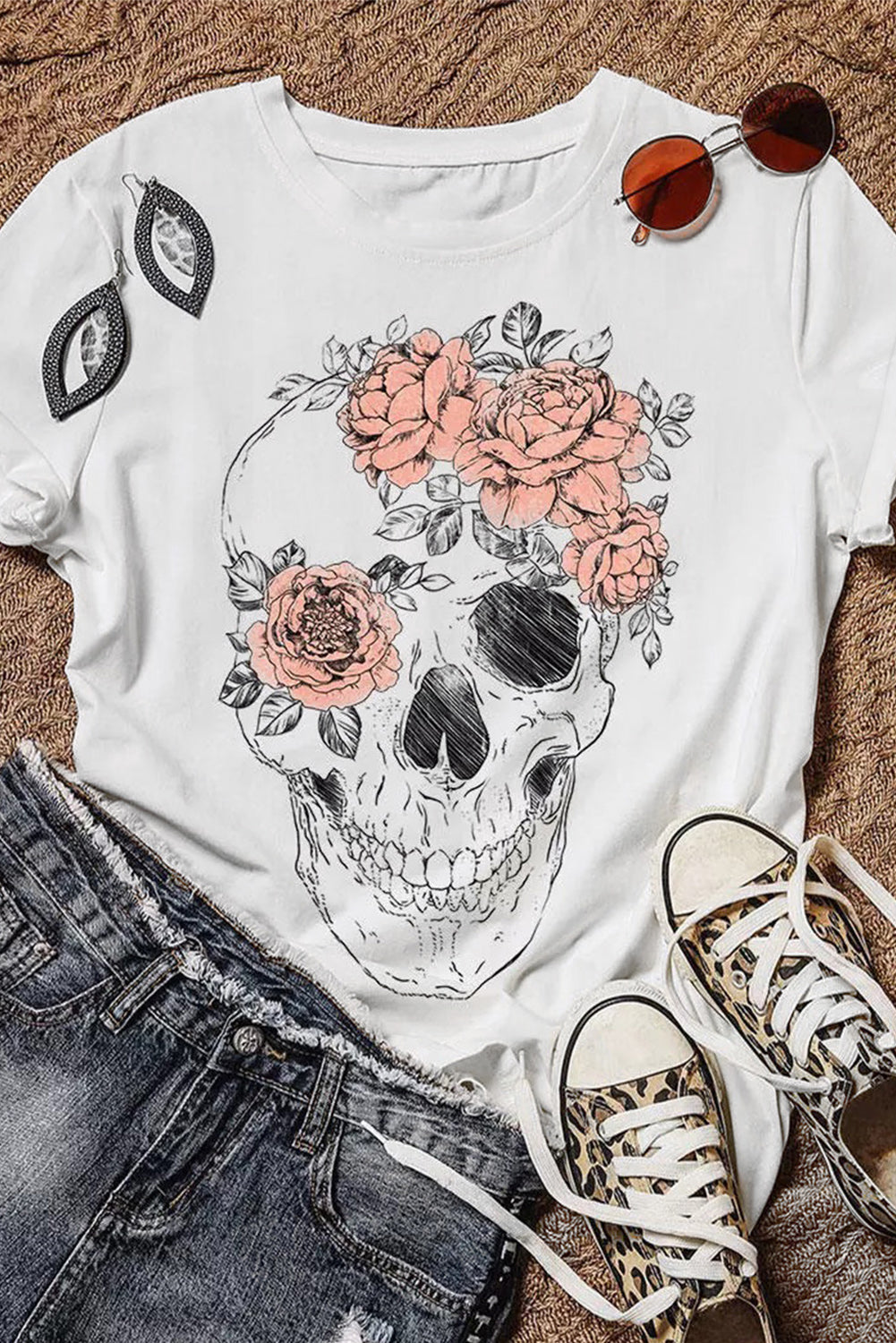 White Skull Flower Oversized Graphic Tee Graphic Tees JT's Designer Fashion