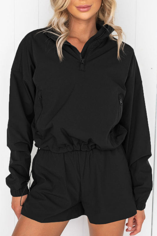 Black Zipped Stand Collar Drawstring Hem Pullover and Shorts Active Set Bottoms JT's Designer Fashion