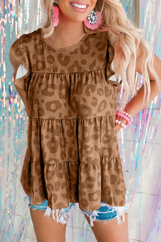 Brown Leopard Print Flutter Sleeve Tiered Tank Top Brown 95%Polyester+5%Elastane Tank Tops JT's Designer Fashion