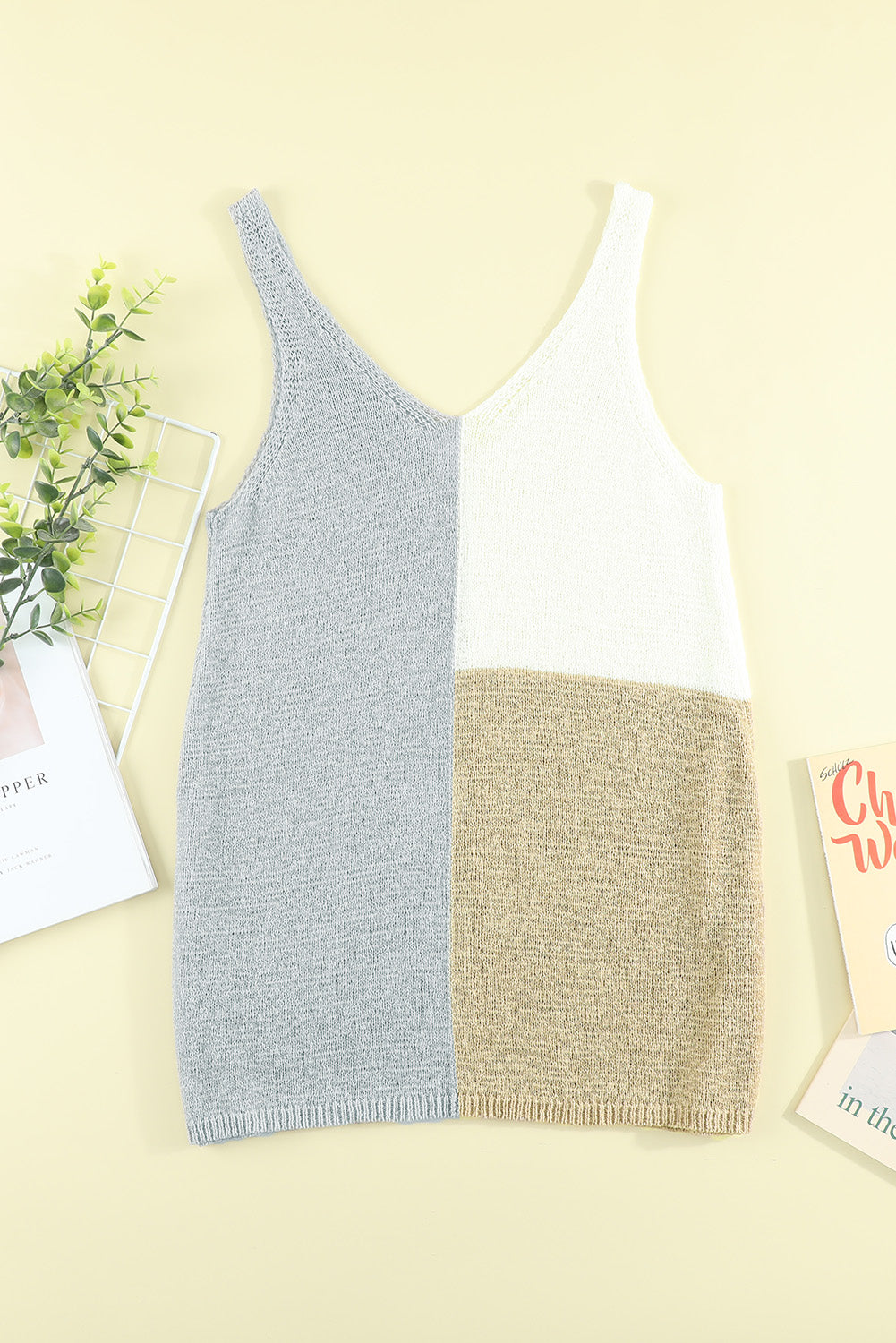 Gray Color Block Knitted Tank Top Tank Tops JT's Designer Fashion