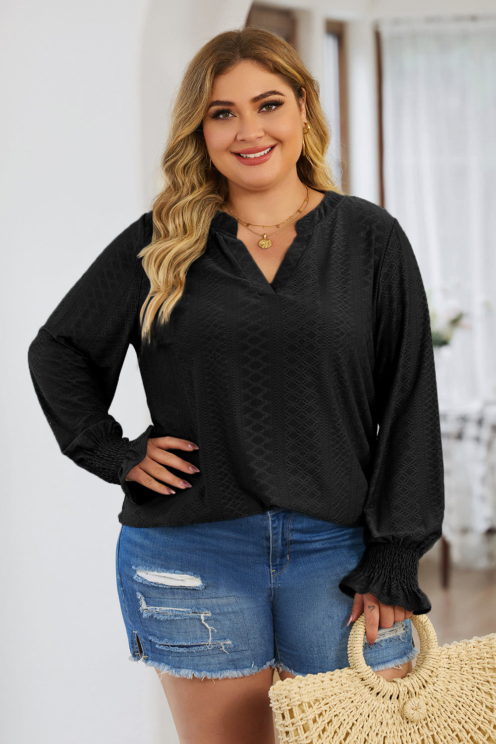 Black Eyelet Embroidered Split Neck Flounce Sleeve Curvy Top Plus Size JT's Designer Fashion