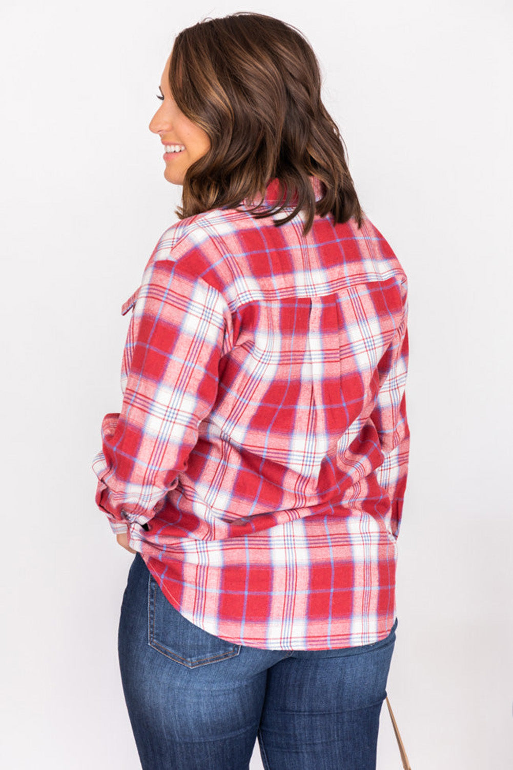 Red Plus Size Plaid Print Flap Pockets Shirt Plus Size JT's Designer Fashion