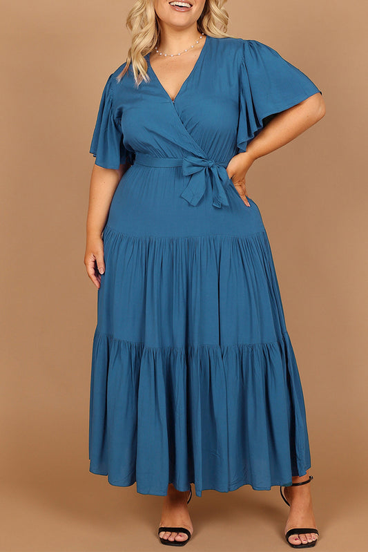 Green Plus Size Pleated Lace-up V Neck Wrap Maxi Dress Green 100%Viscose Plus Size Dresses JT's Designer Fashion