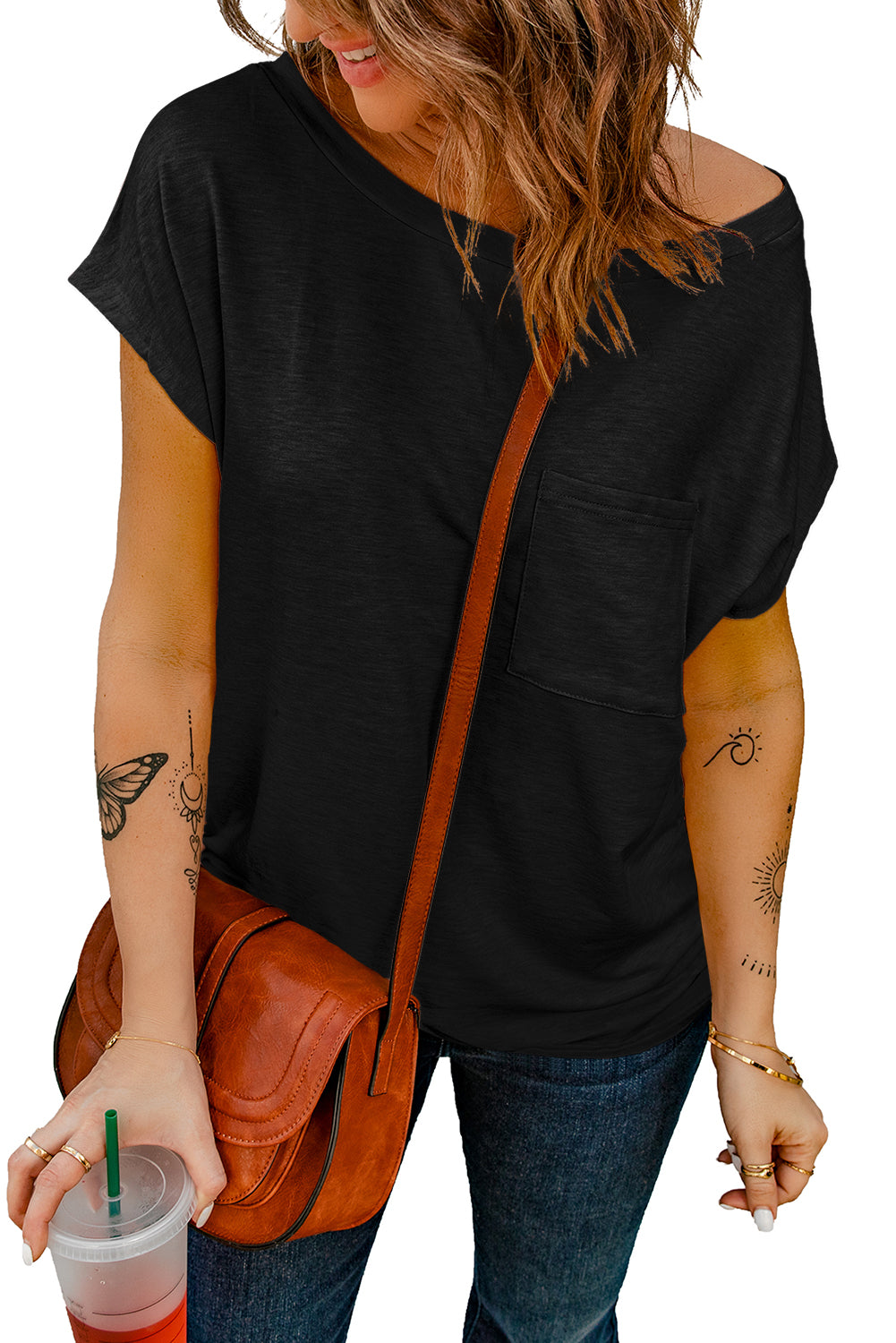 Black Pocketed Tee with Side Slits Tops & Tees JT's Designer Fashion