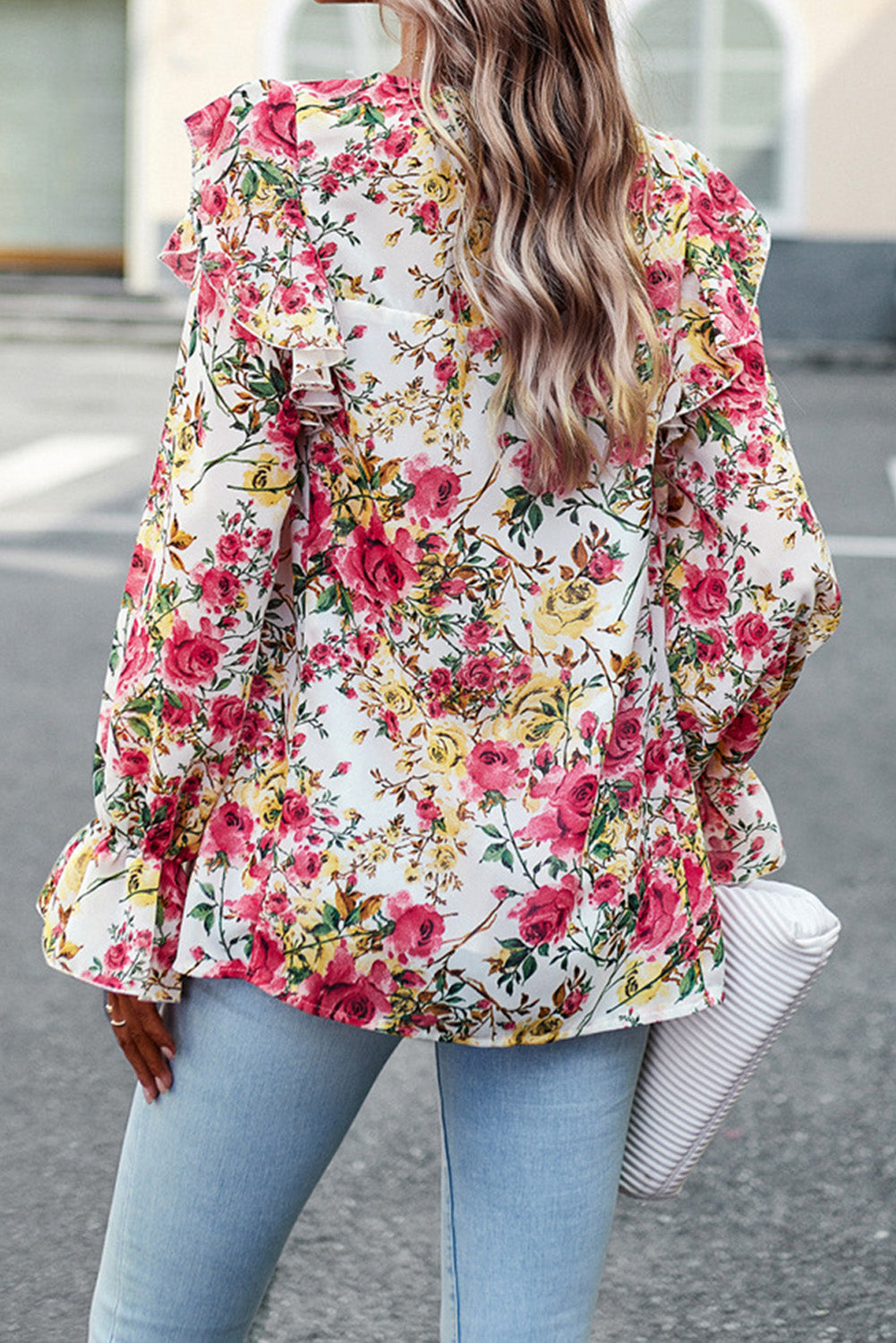 White Floral Printed Ruffle Trim Long Sleeve Blouse Tops & Tees JT's Designer Fashion