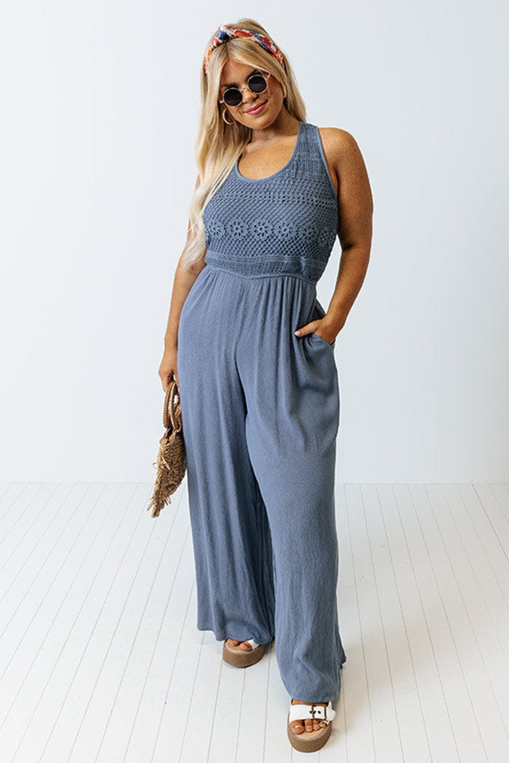 Blue Tie Back Crochet Tank Casual Plus Size Jumpsuit Plus Size Bottoms JT's Designer Fashion