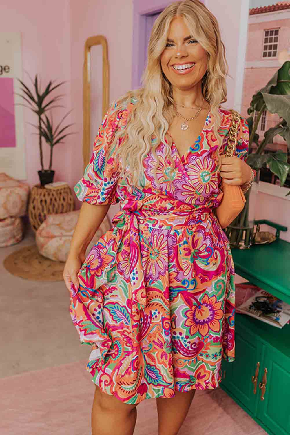 Multicolor Boho Paisley Floral Print Wrap V Neck Puff Sleeve Plus Size Dress Plus Size JT's Designer Fashion