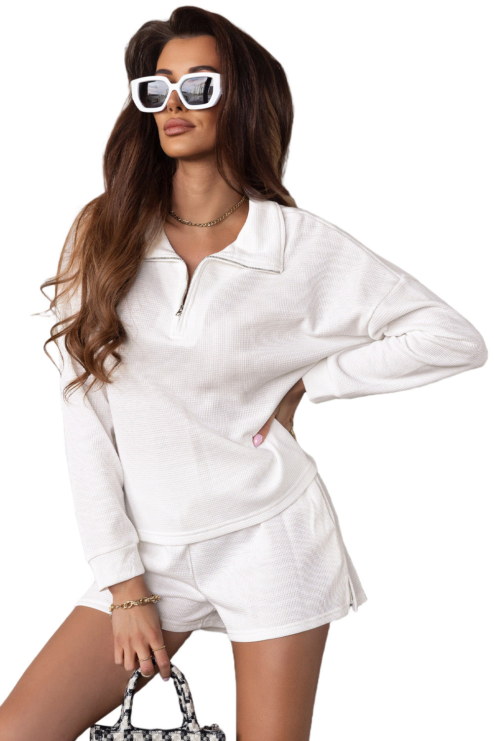 White Ribbed Zipper Sweatshirt and High Waist Shorts Set Bottoms JT's Designer Fashion