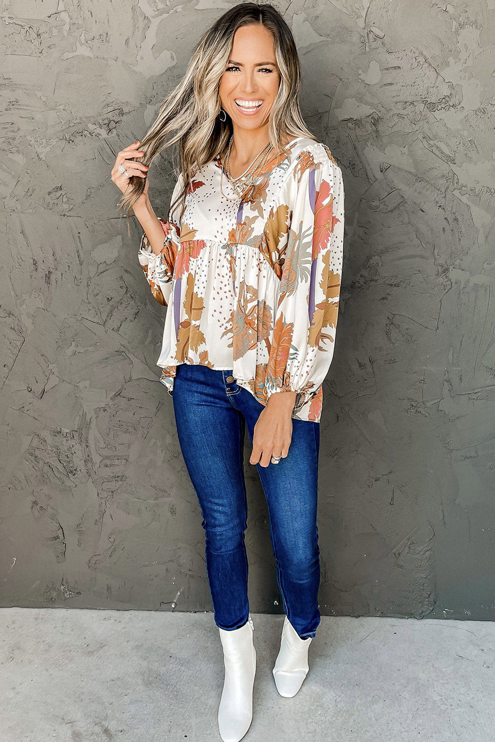 Multicolour Fall Floral Print V Neck Long Sleeve Babydoll Blouse Tops & Tees JT's Designer Fashion