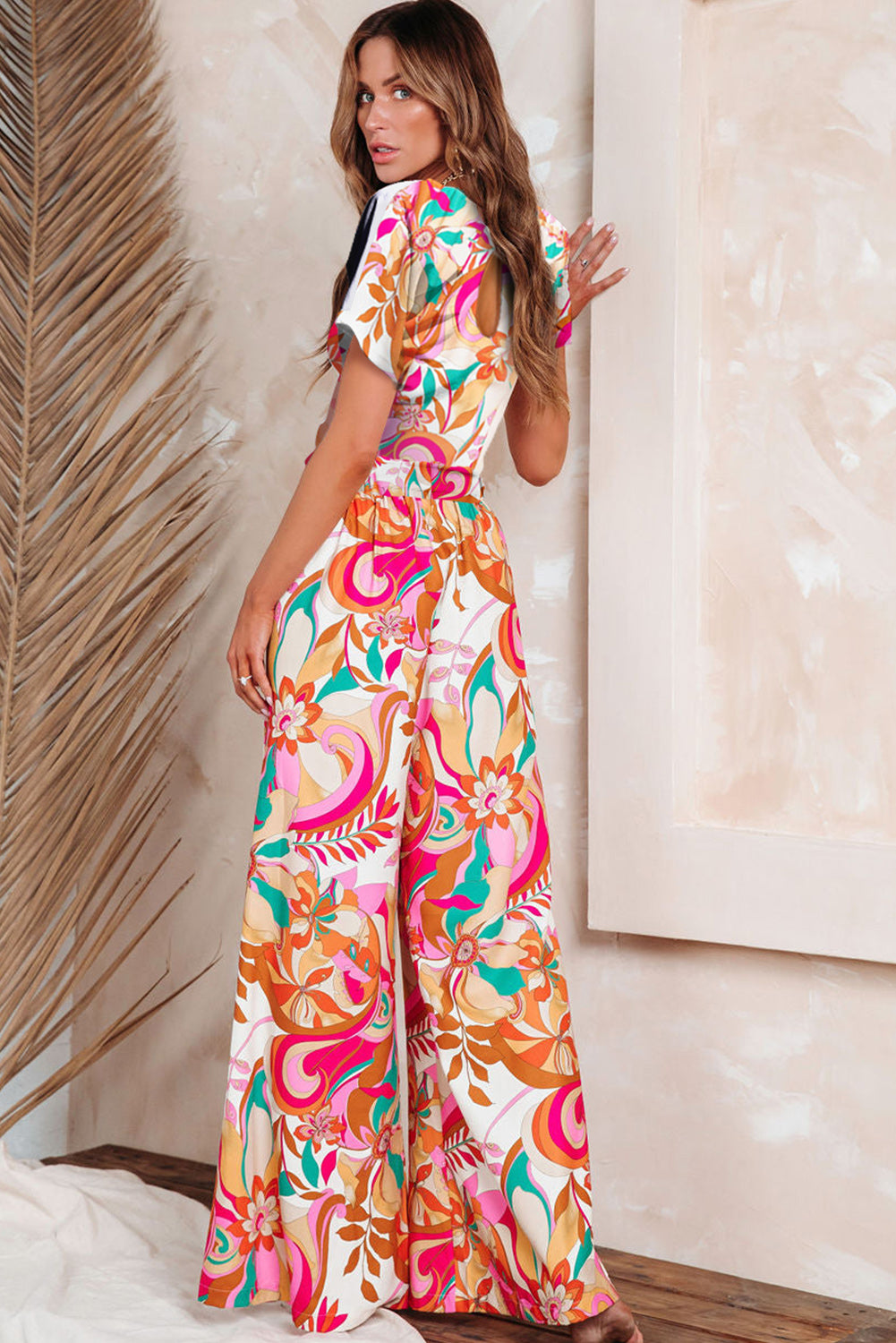 Multicolor Floral Abstract Print Belted Keyhole Back Jumpsuit Bottoms JT's Designer Fashion