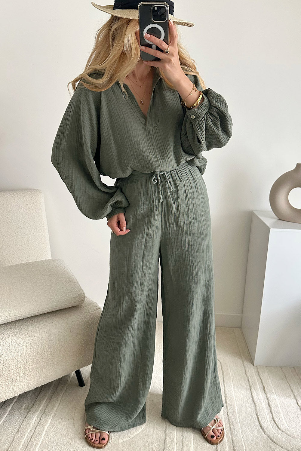 Mist Green Crinkle Split Neck Top Loose Drawstring Pants Set Loungewear JT's Designer Fashion