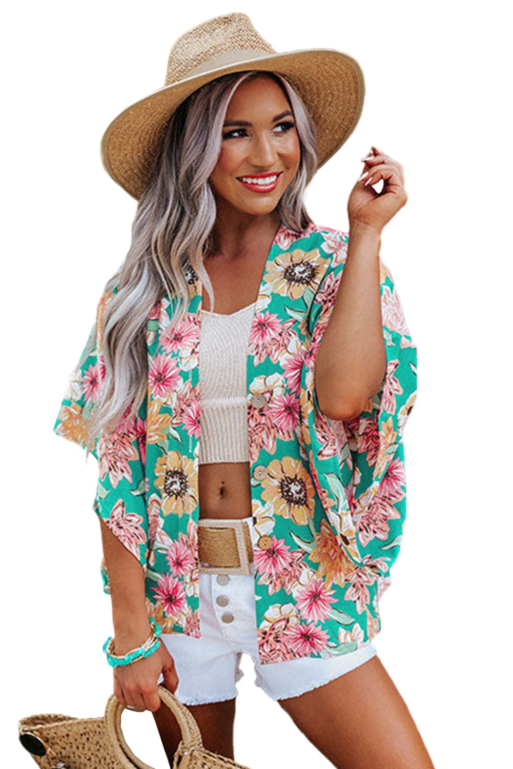 Green Vacay Floral Print Kimono Kimonos JT's Designer Fashion