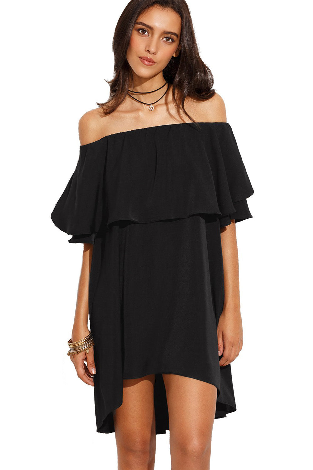 Black Off The Shoulder Ruffle Casual Shift Dress Mini Dresses JT's Designer Fashion