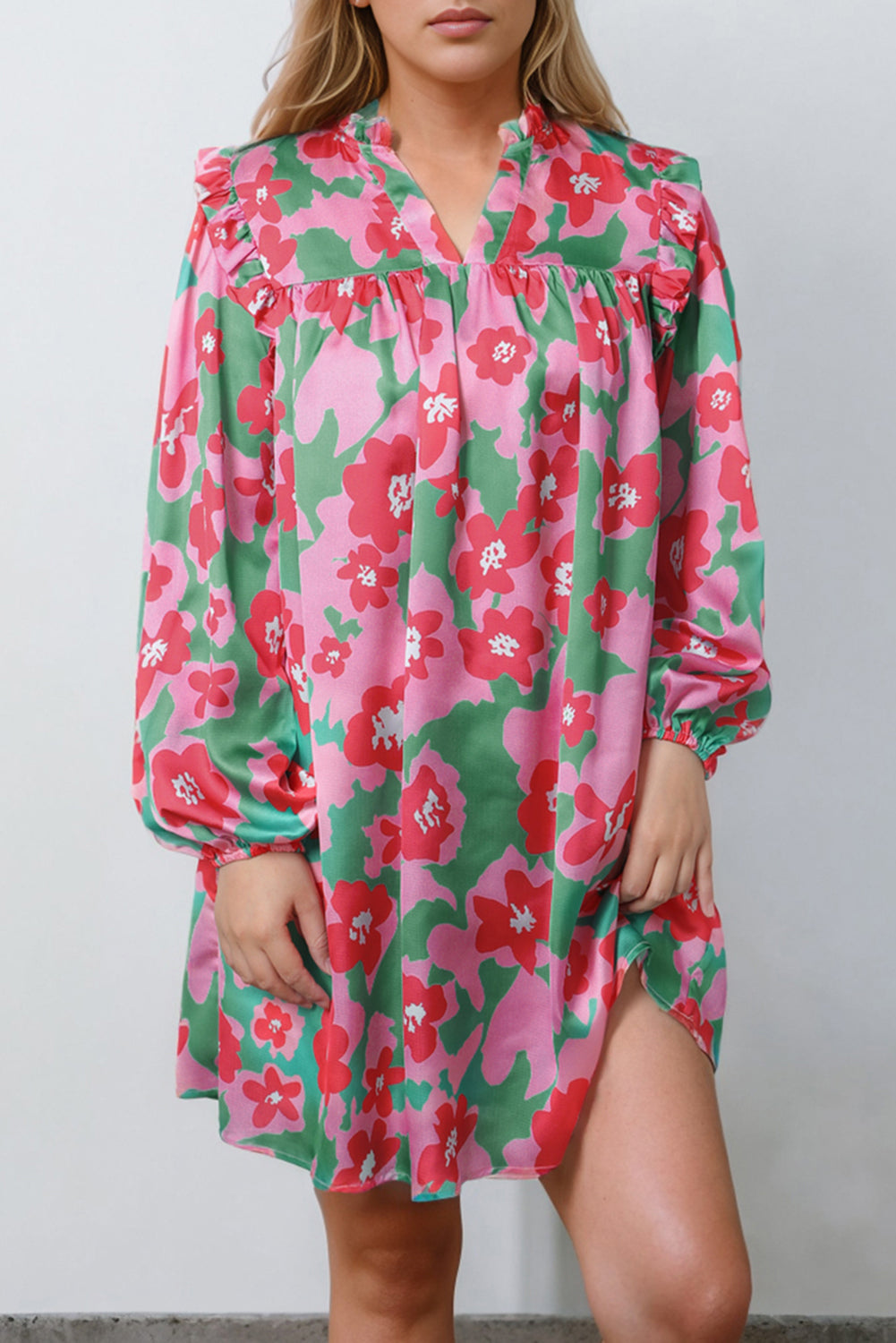 Pink Split V Neck Bubble Sleeve Loose Floral Dress Floral Dresses JT's Designer Fashion