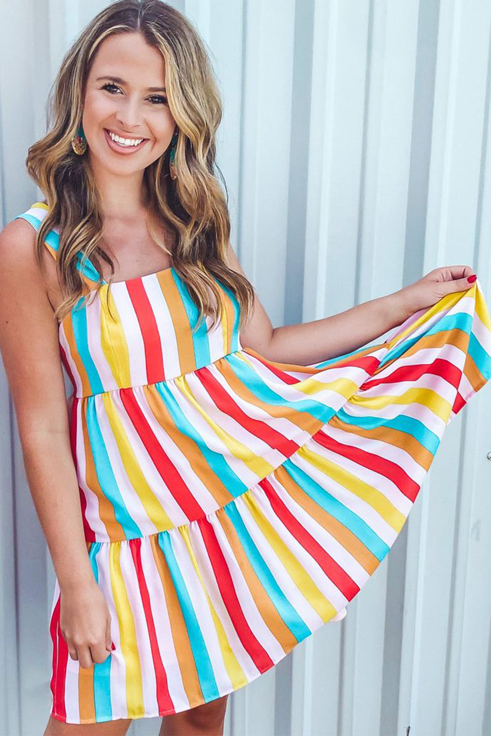 Multicolor Rainbow Stripe Print Tiered Sundress Mini Dresses JT's Designer Fashion