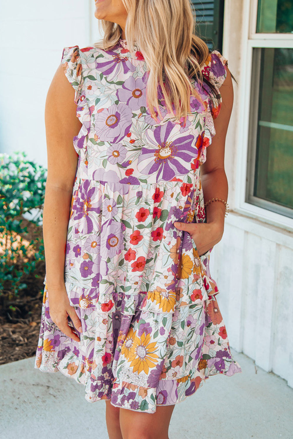 Purple White Ruffled Tank Floral Dress Floral Dresses JT's Designer Fashion