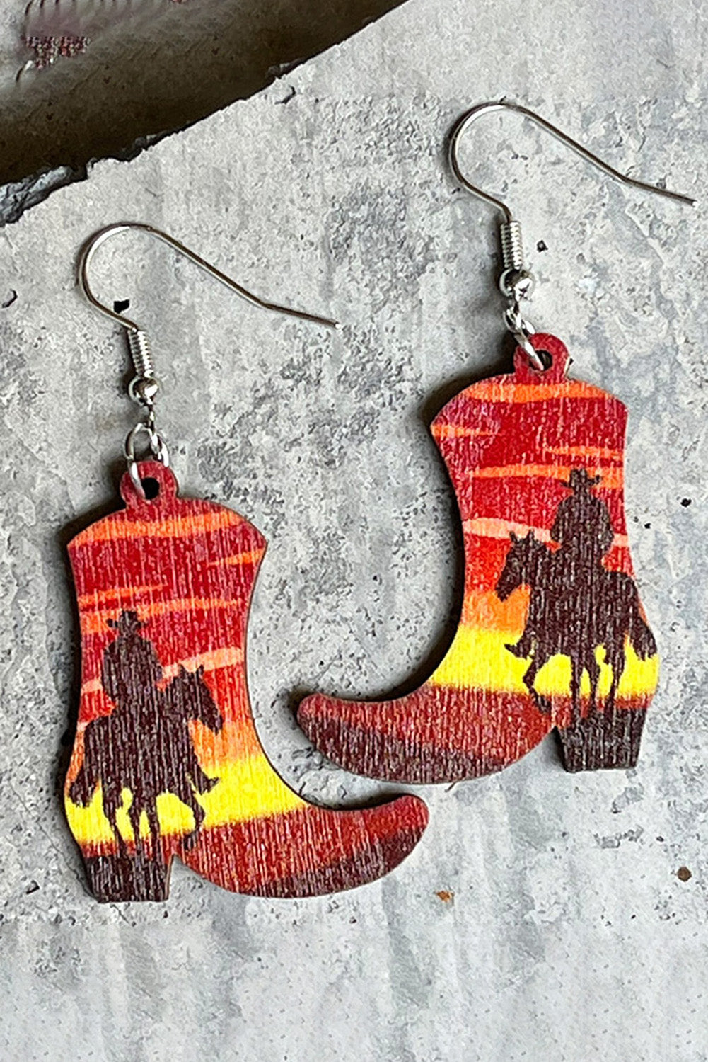 Red Cowboy Print Wooded Boots Earrings Jewelry JT's Designer Fashion