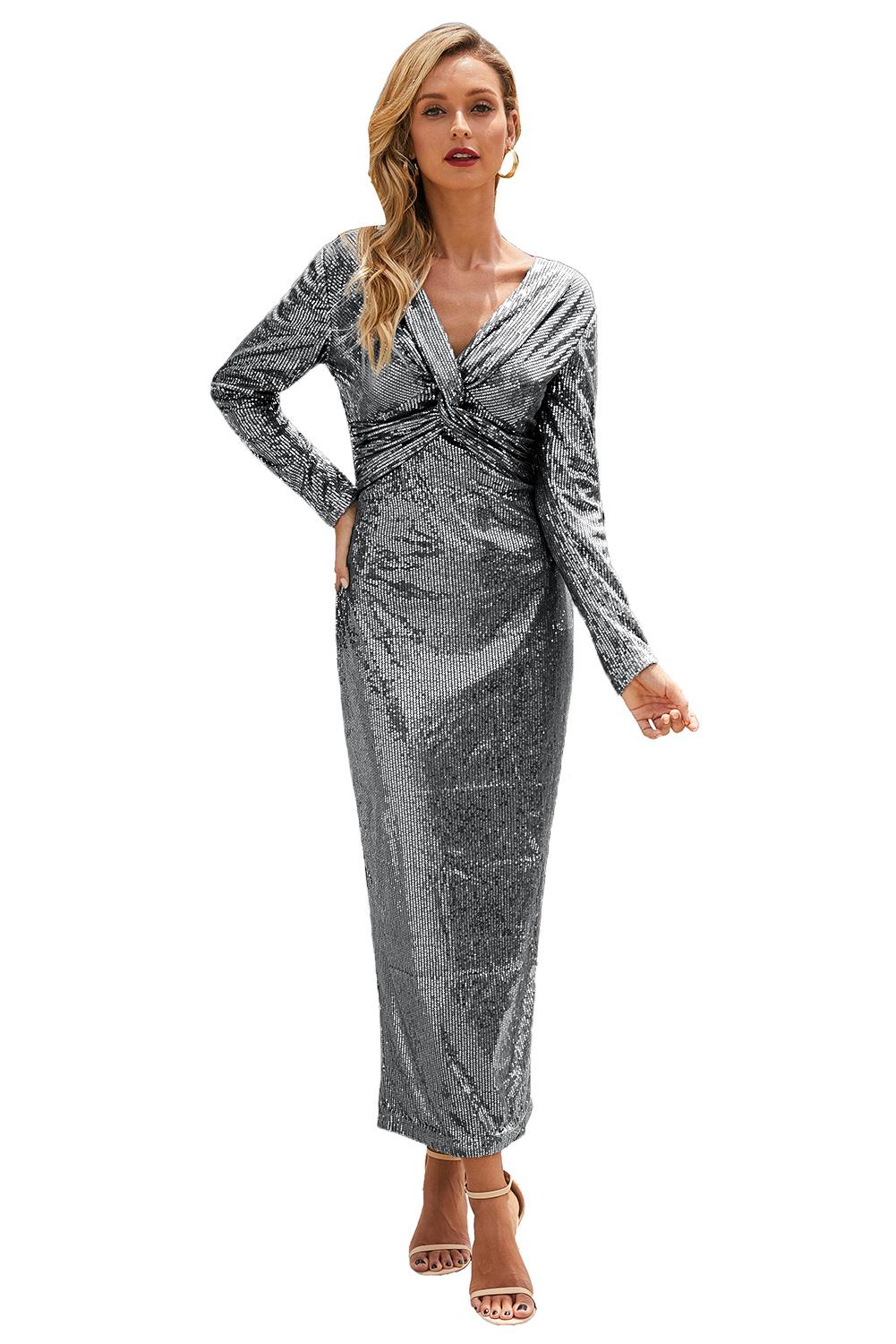 Silver Long Sleeve V Neck Twist Ruched Sequin Prom Maxi Dress Sequin Dresses JT's Designer Fashion