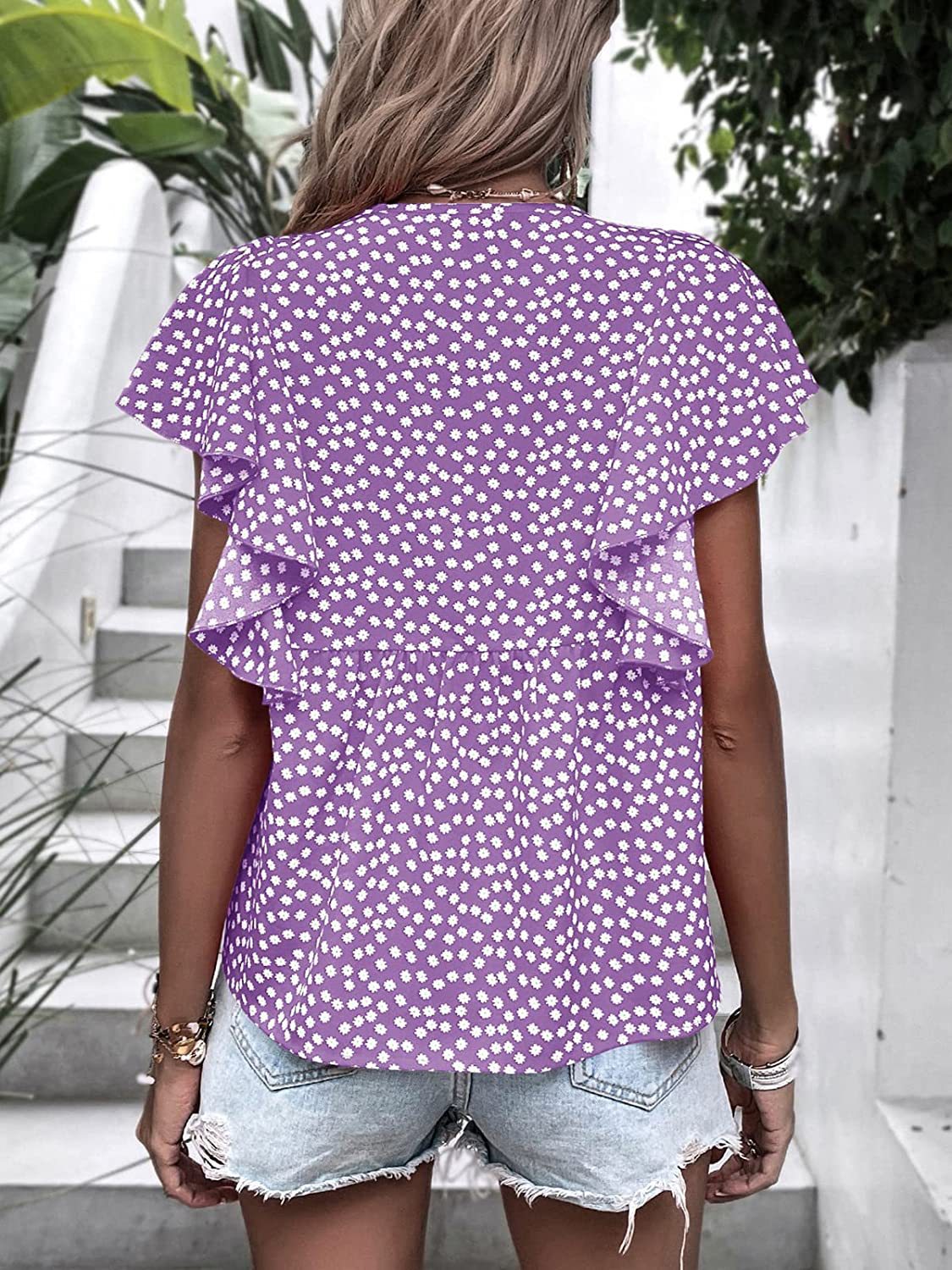 Purple Floral Print Ruffle Sleeve Blouse Blouses & Shirts JT's Designer Fashion