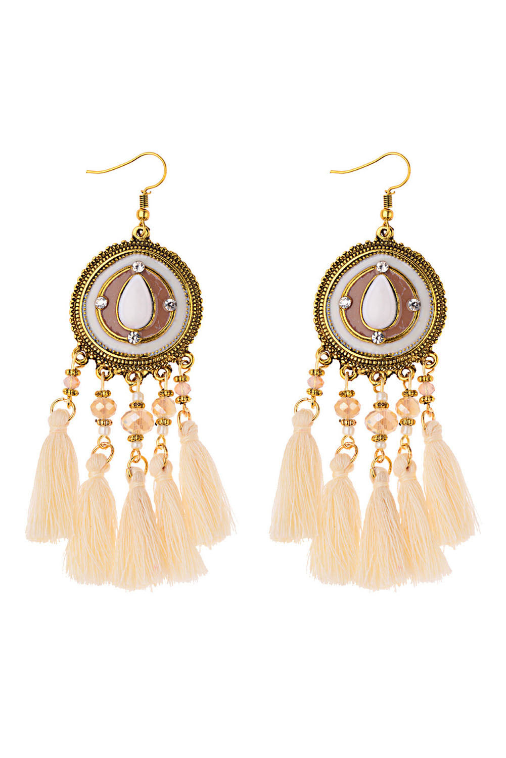 Beige Bold Tassel Beaded Music Festival Boho Earrings Jewelry JT's Designer Fashion