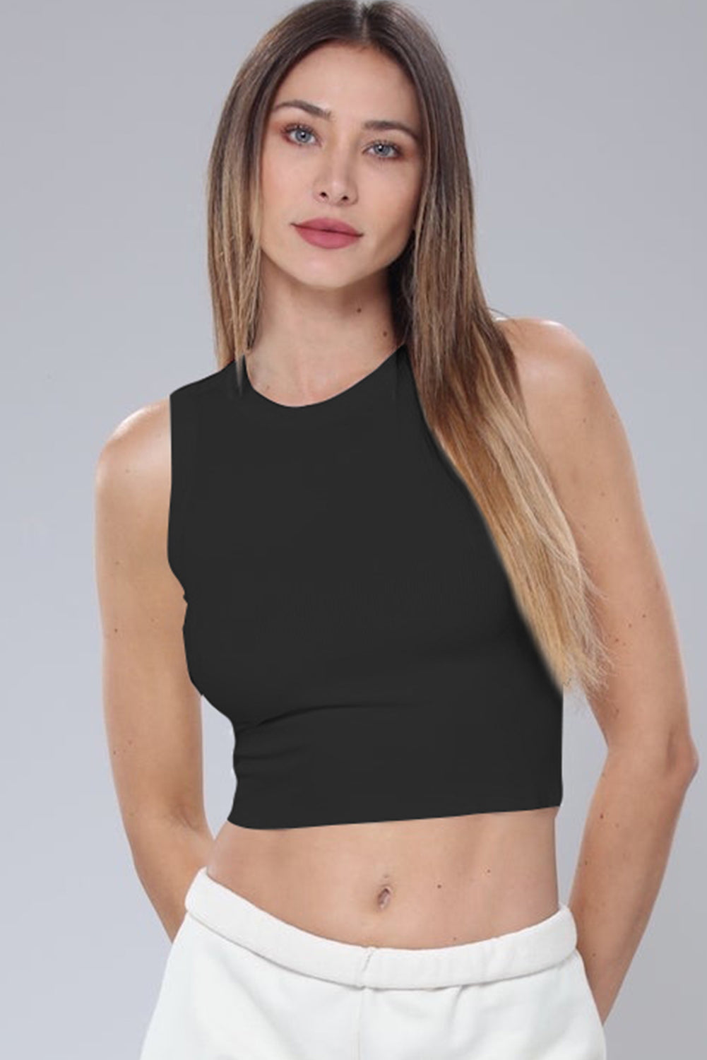 Black Solid Color Crop Active Tank Top Tank Tops JT's Designer Fashion