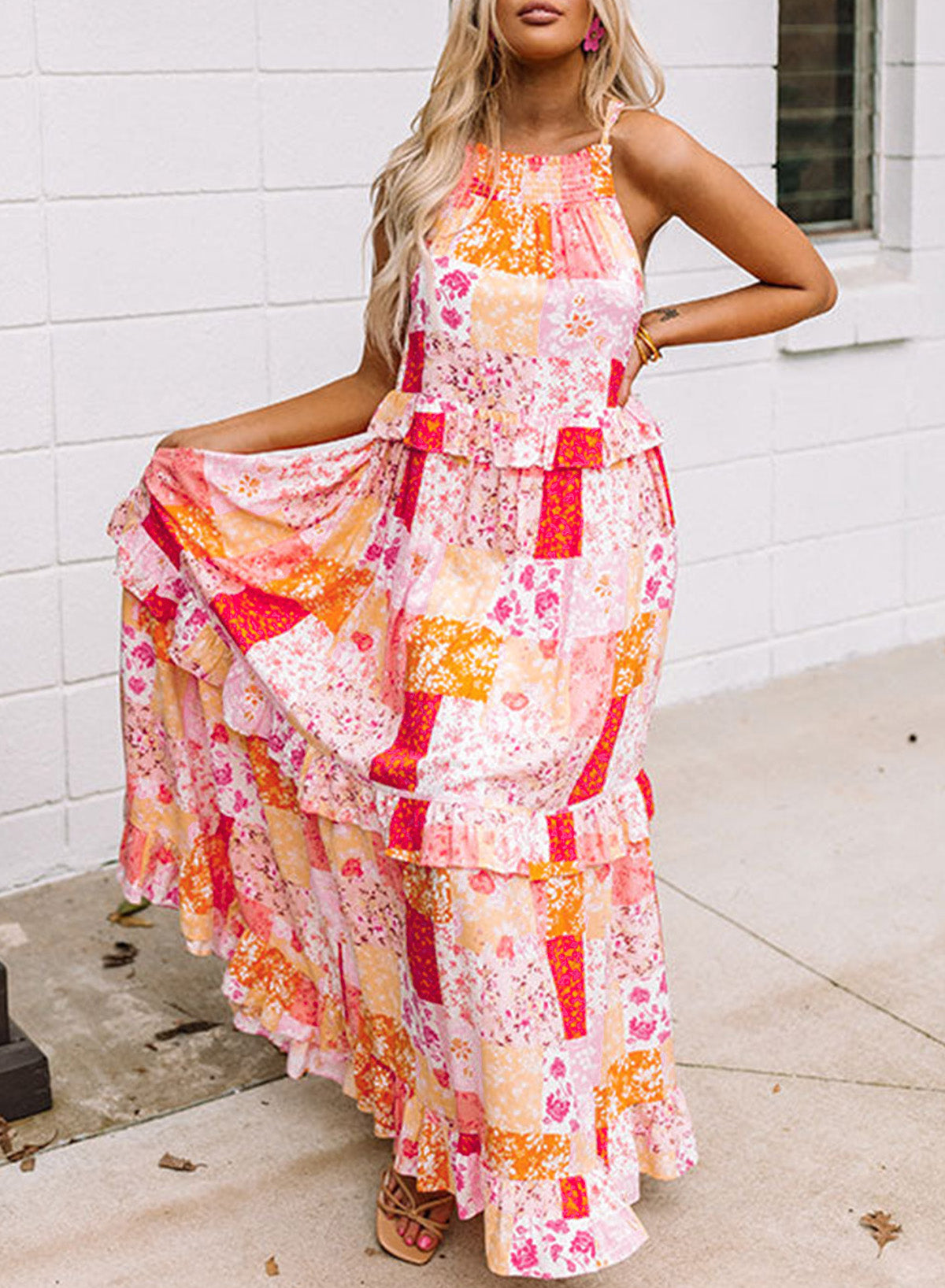 Multicolor Boho Geometric Floral Print Sleeveless Maxi Dress Maxi Dresses JT's Designer Fashion