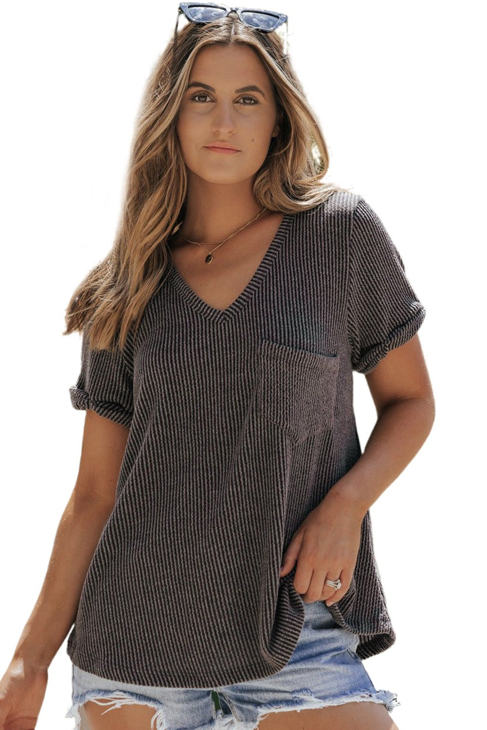 Carbon Grey Twist Short Sleeve Corded V Neck Top Tops & Tees JT's Designer Fashion