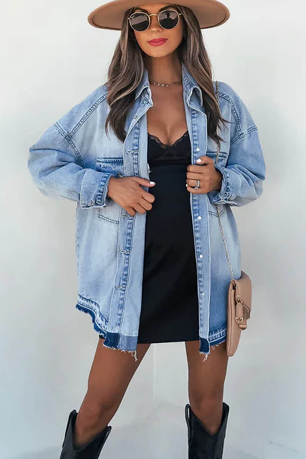 Sky Blue Flap Pocket Buttoned Oversized Denim Jacket Denim jackets JT's Designer Fashion