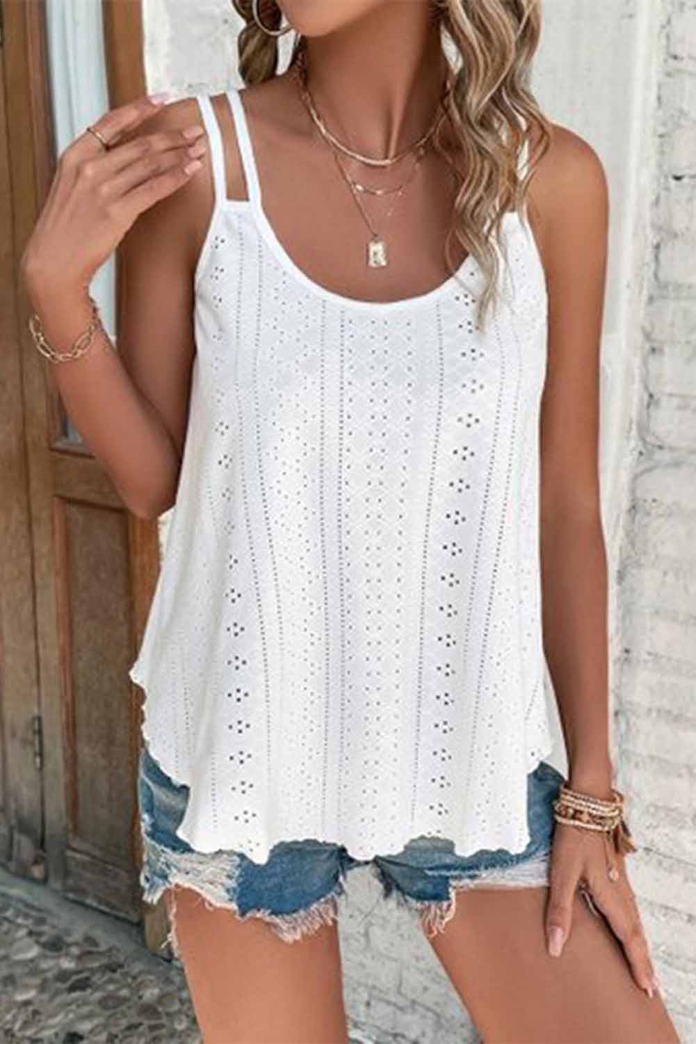 White Eyelet Strappy Scoop-Neck Tank Top Tank Tops JT's Designer Fashion