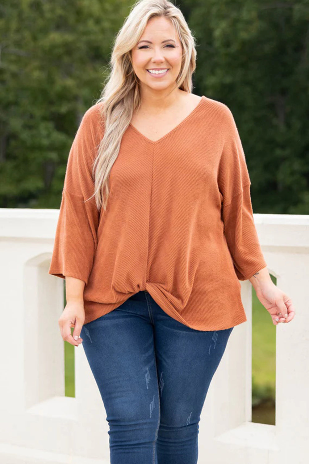 Gold Flame Plus Size Twist Hem Bracelet Sleeve Ribbed Top Plus Size JT's Designer Fashion