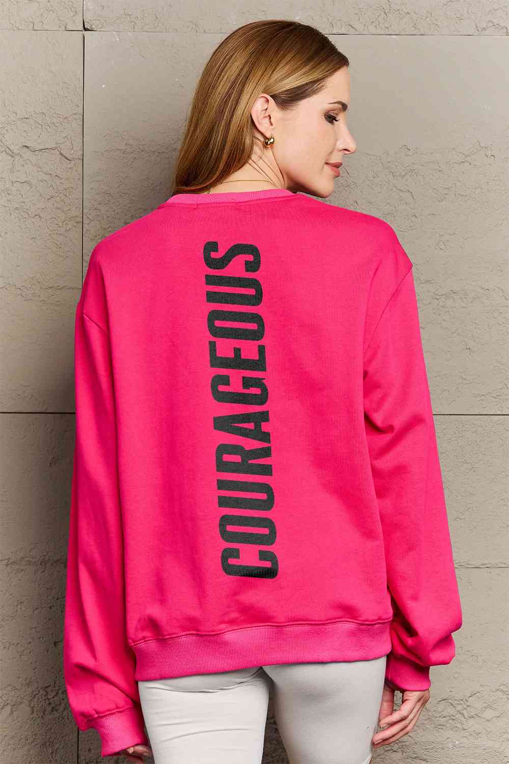 Simply Love Full Size COURAGEOUS Graphic Sweatshirt Deep Rose Graphic Sweatshirts JT's Designer Fashion